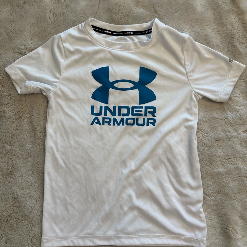 Under Armour Kids White Tee with Blue Logo